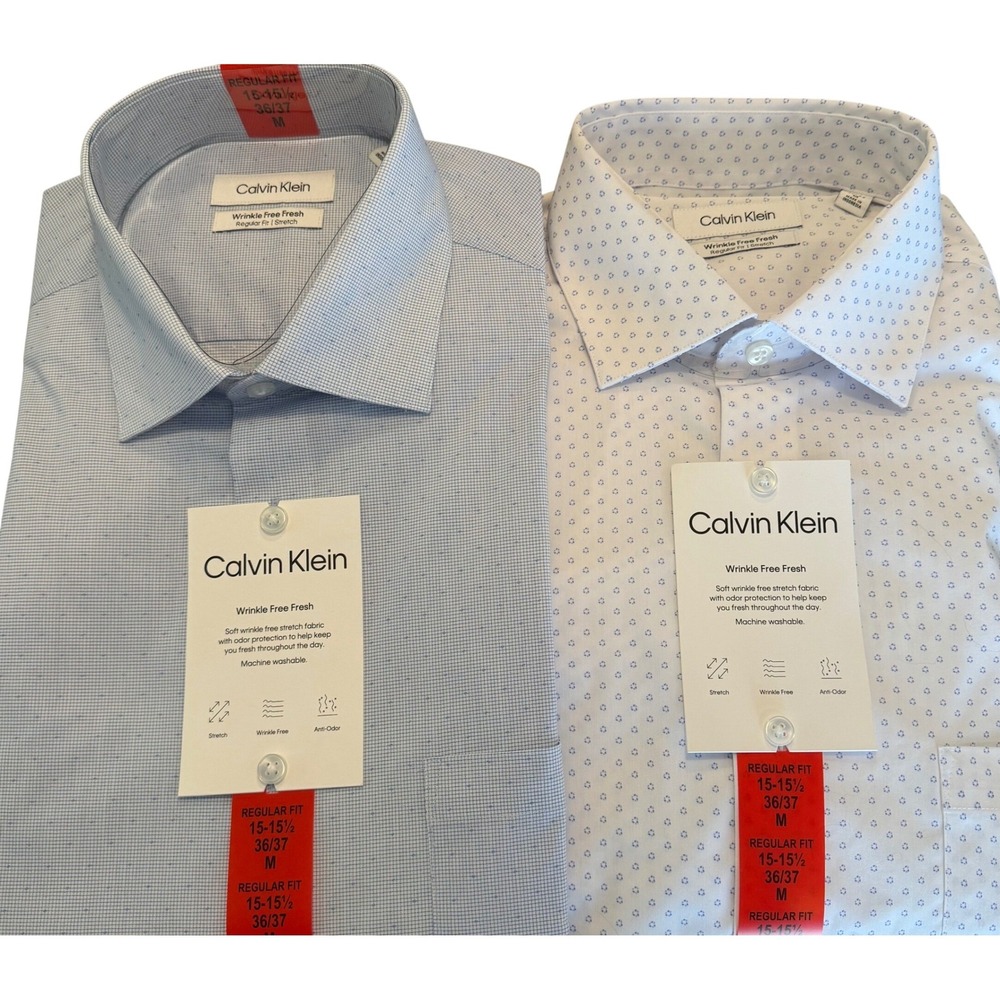 Lot of 2 NWT Calvin Klein Men Wrinkle Free Regular Fit Stretch Shirts 15.5 36/37